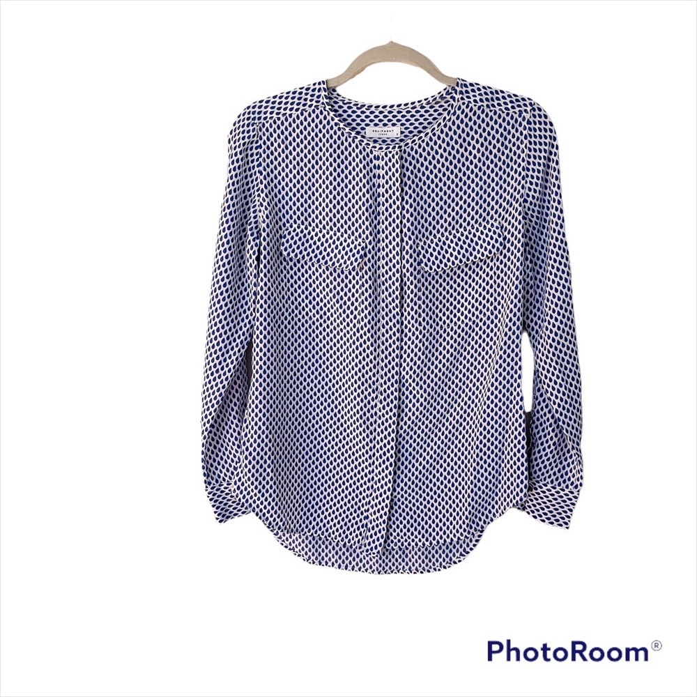 Equipment Navy and White Geometric Silk Blouse